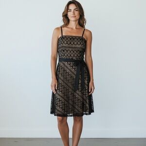 LOFT NWT Black Lace Midi Dress with Satin Waist Sash